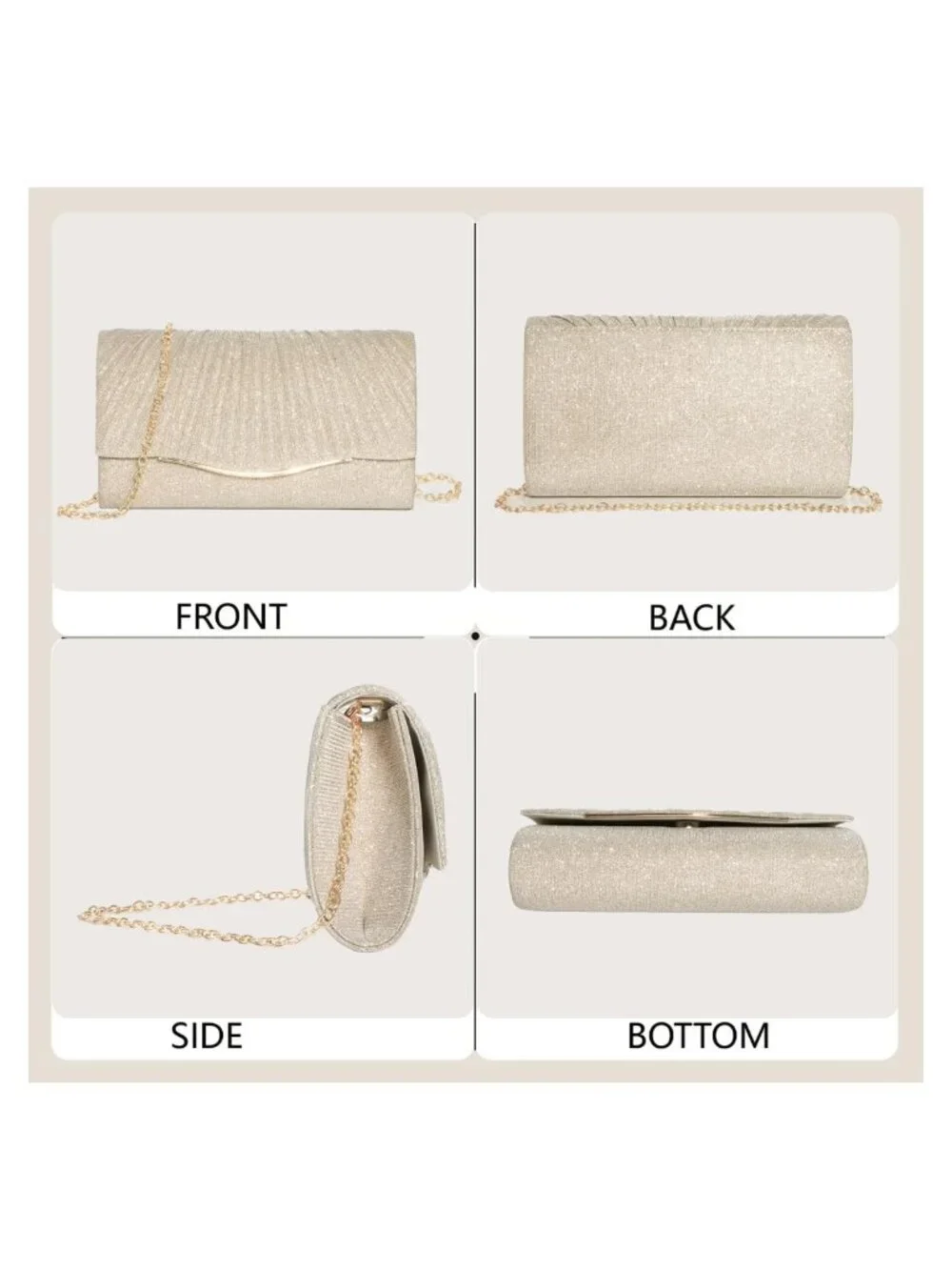 Satin Sequin Evening Clutch with Detachable Chain and Card Pocket